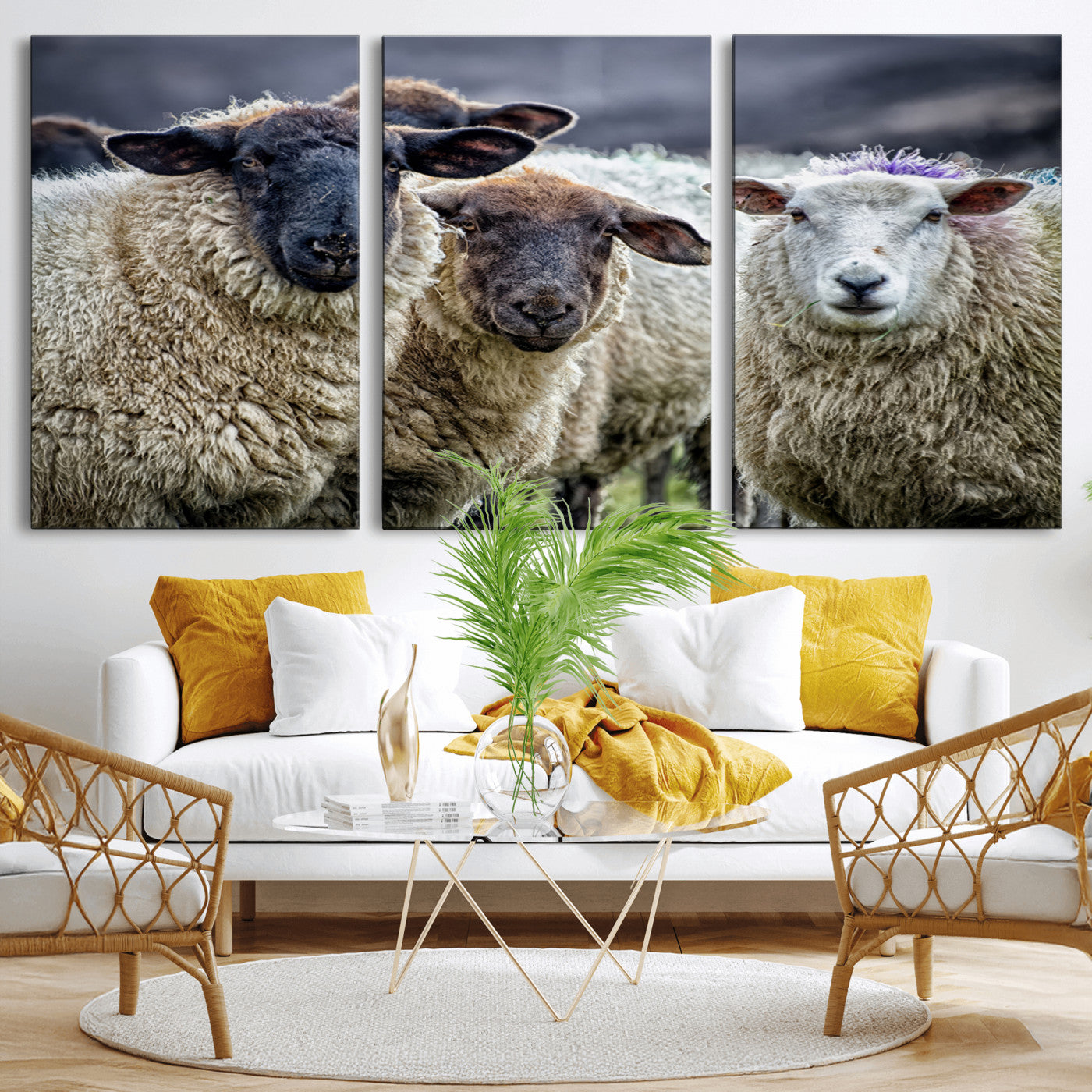 -Charming Sheep Portrait Wall Art – Trio of Woolly Companions Canvas Print, Framed, Ready to Hang