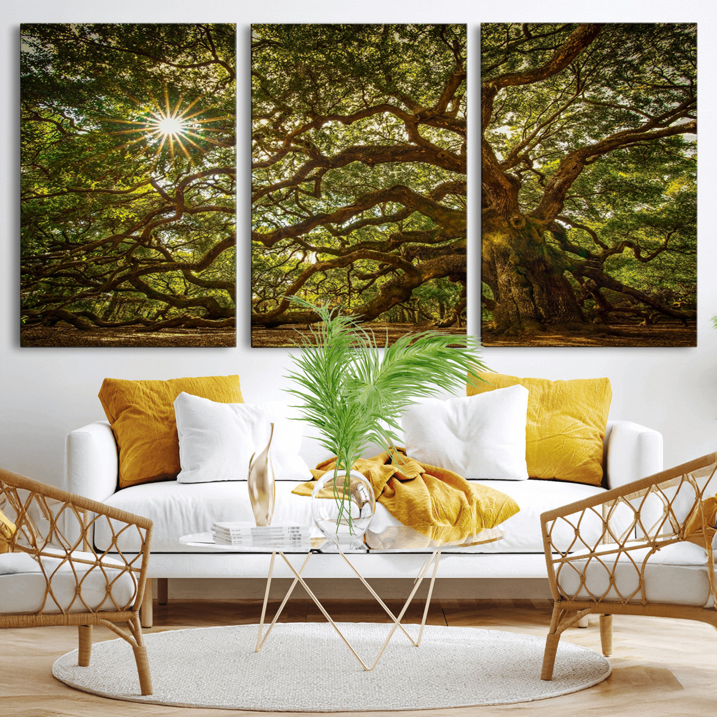 MGV-CV-60X30-3P - Ancient Angel Oak Tree Art Sunburst Canvas Print- Nature-Inspired Triptych Canvas Print, Framed, Ready to Hang