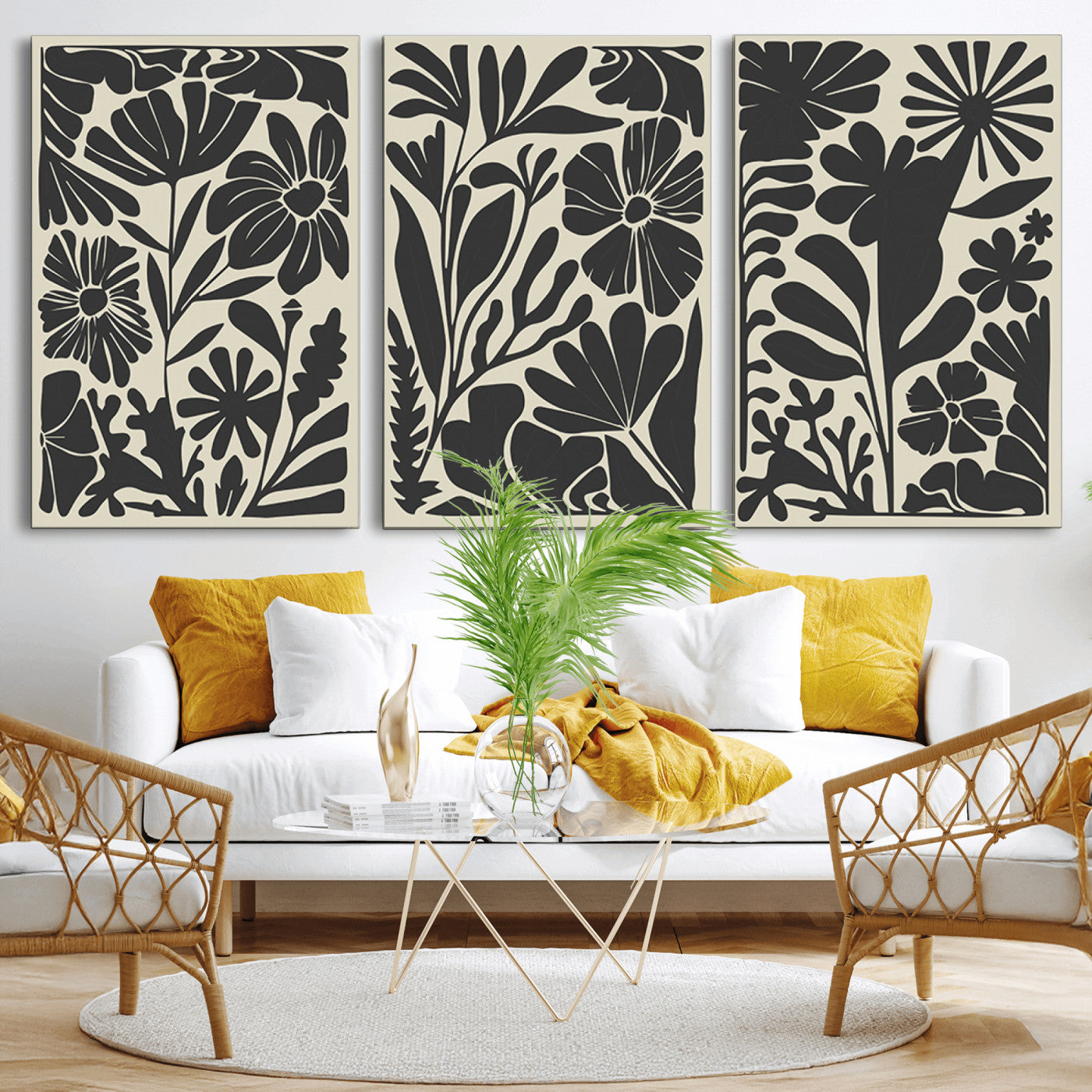 MGV-CV-60X30-3P - Modern Botanical Wall Art - Floral Black and White Canvas Print, Framed, Ready to Hang