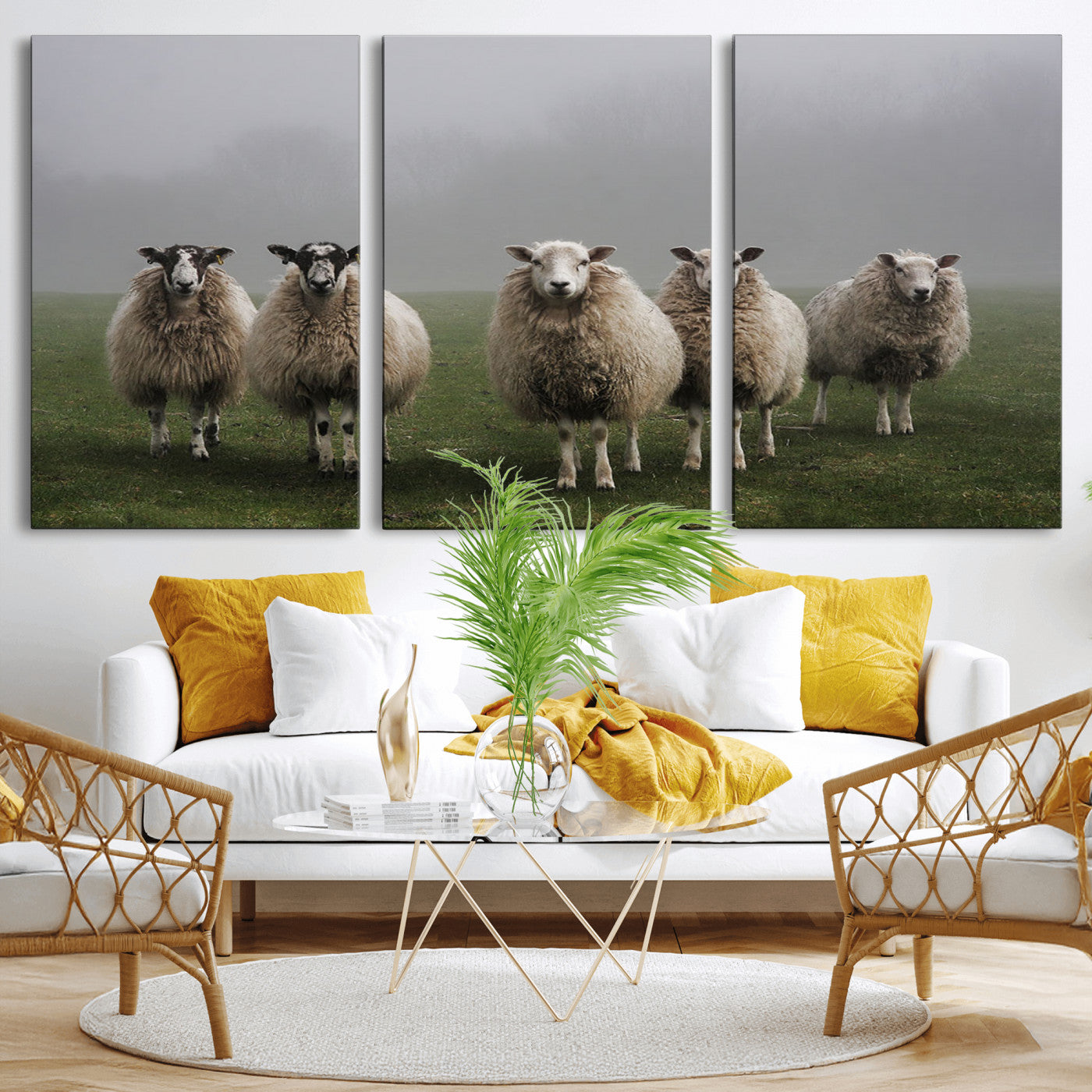 -Flock of Sheep in a Mystical Fog – Pastoral Wall Art Canvas Print, Framed, Ready to Hang