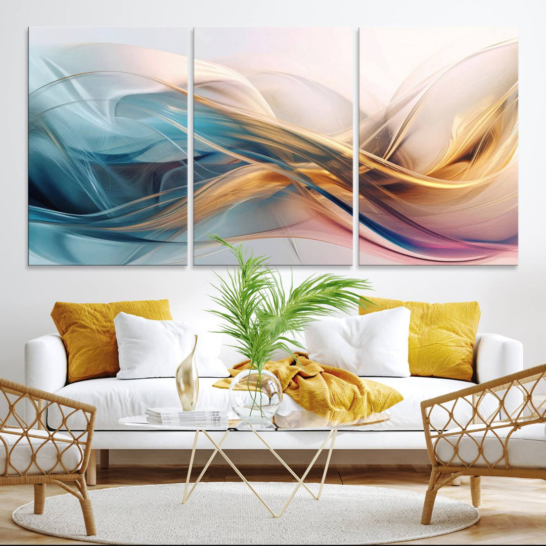 Abstract Flowing Colors Wall Art featuring blue, gold, and pink adds modern elegance to the space.