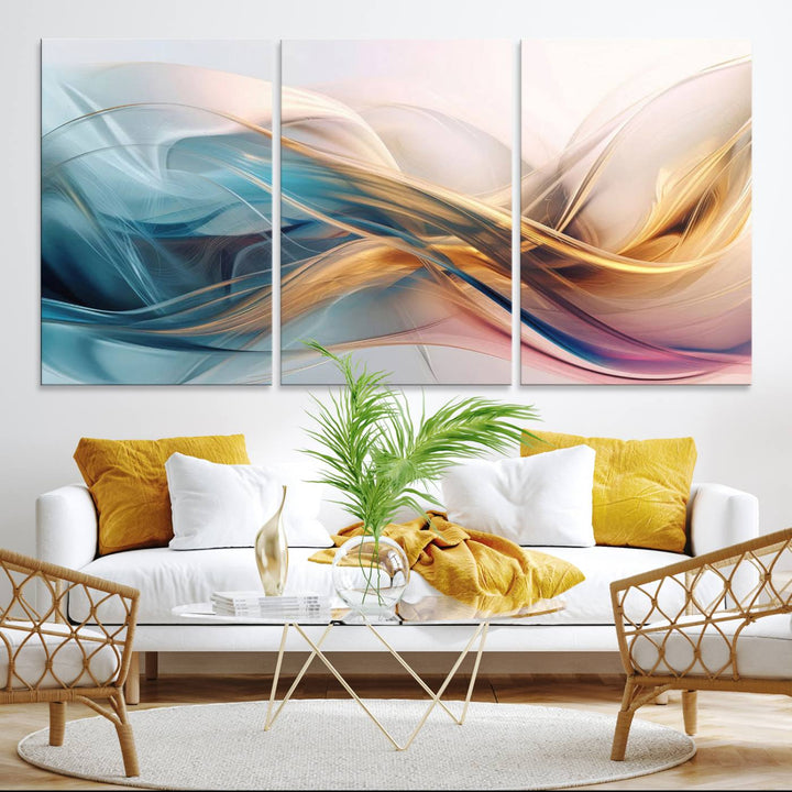 Abstract Flowing Colors Wall Art featuring blue, gold, and pink adds modern elegance to the space.