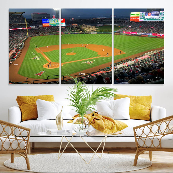 The Angel Stadium Aerial View canvas print of an Angels baseball game is showcased.