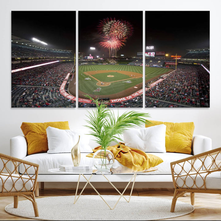 Fireworks at Angel Stadium – LA Angels Night Game Canvas Print, framed and ready to hang.