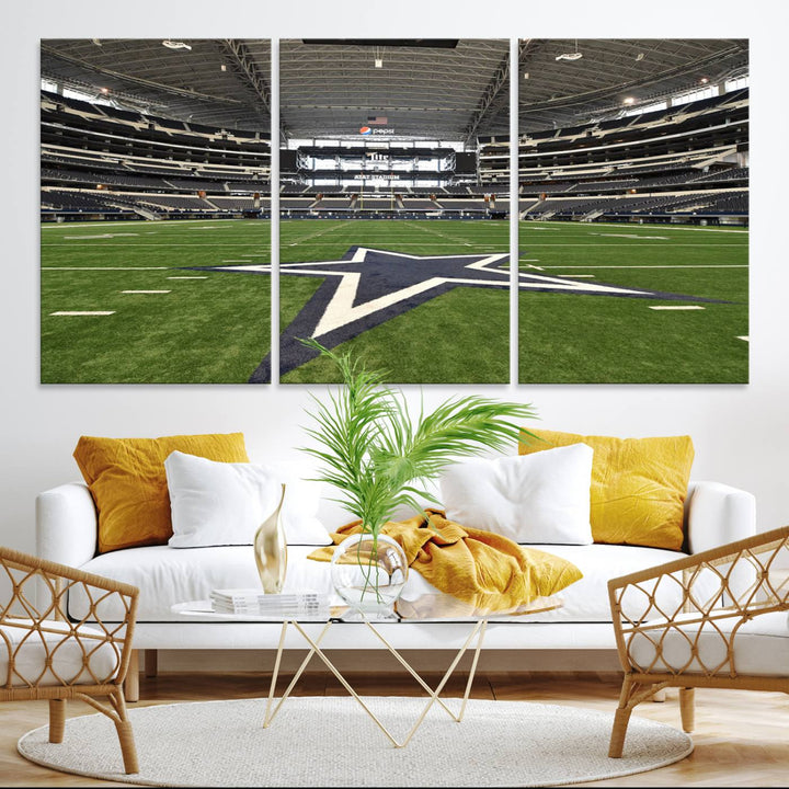 AT&T Stadium Dallas Cowboys Canvas Print displayed above a dining table.