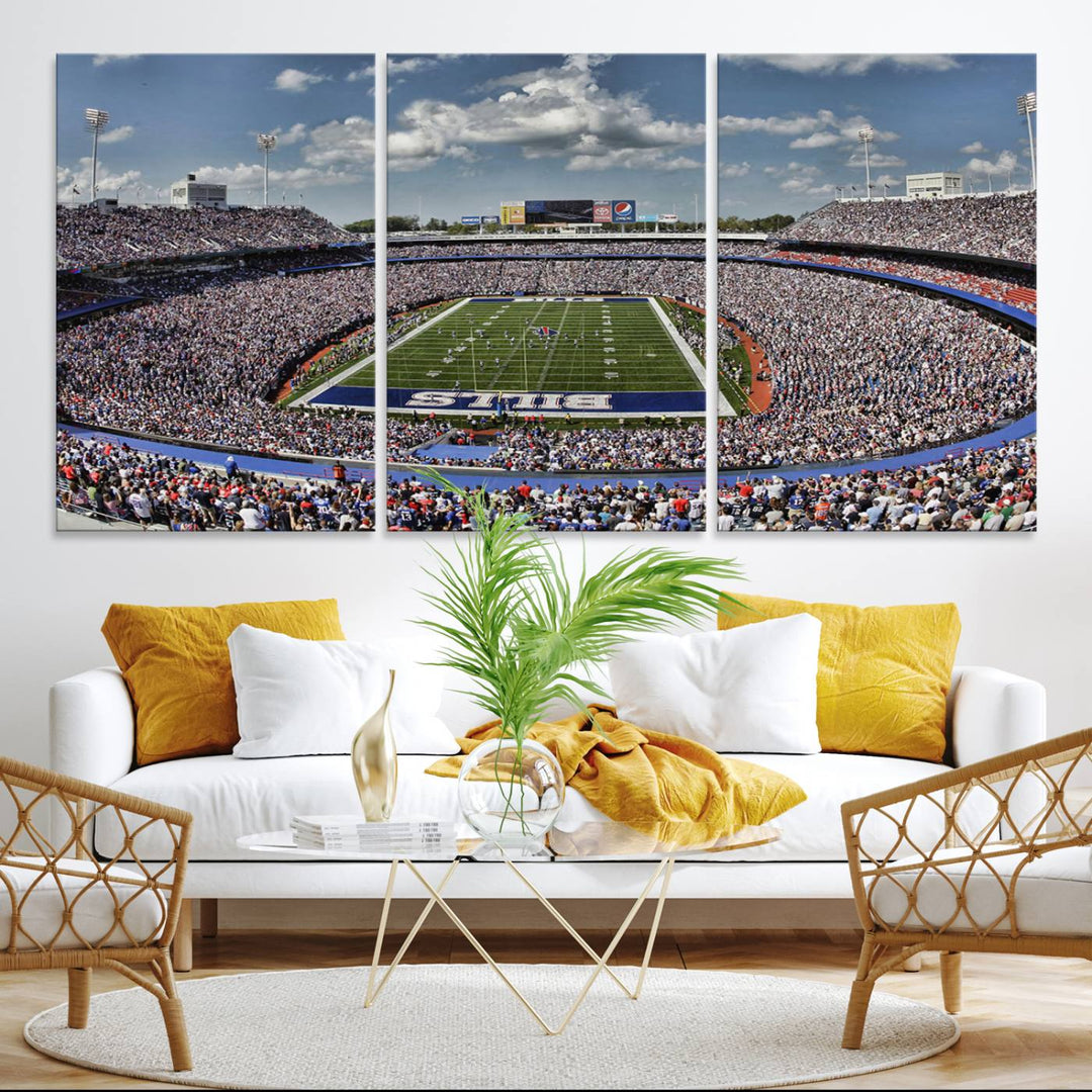 Our Buffalo Bills Game Day Canvas captures a vibrant scene at Highmark Stadium, with a lively crowd under a partly cloudy sky.