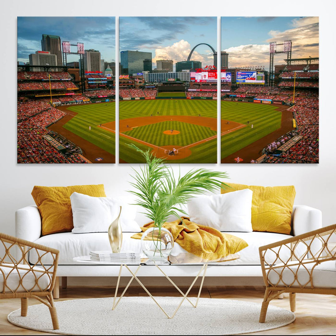 A Busch Stadium canvas print featuring a cityscape, ideal for enhancing living room or man cave sports decor.