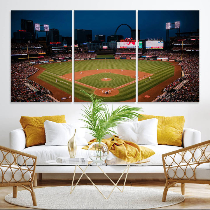 A St. Louis Cardinals Baseball Team print of Busch Stadium at night adorns the wall.