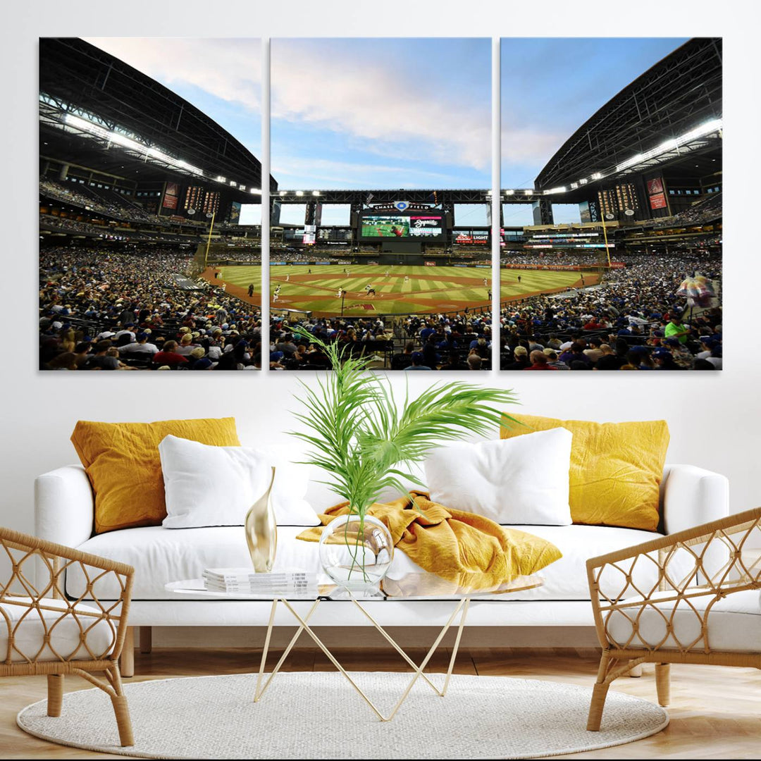 The wall art is an Arizona Diamondbacks Baseball Print depicting a packed Chase Field Stadium under a clear blue sky.