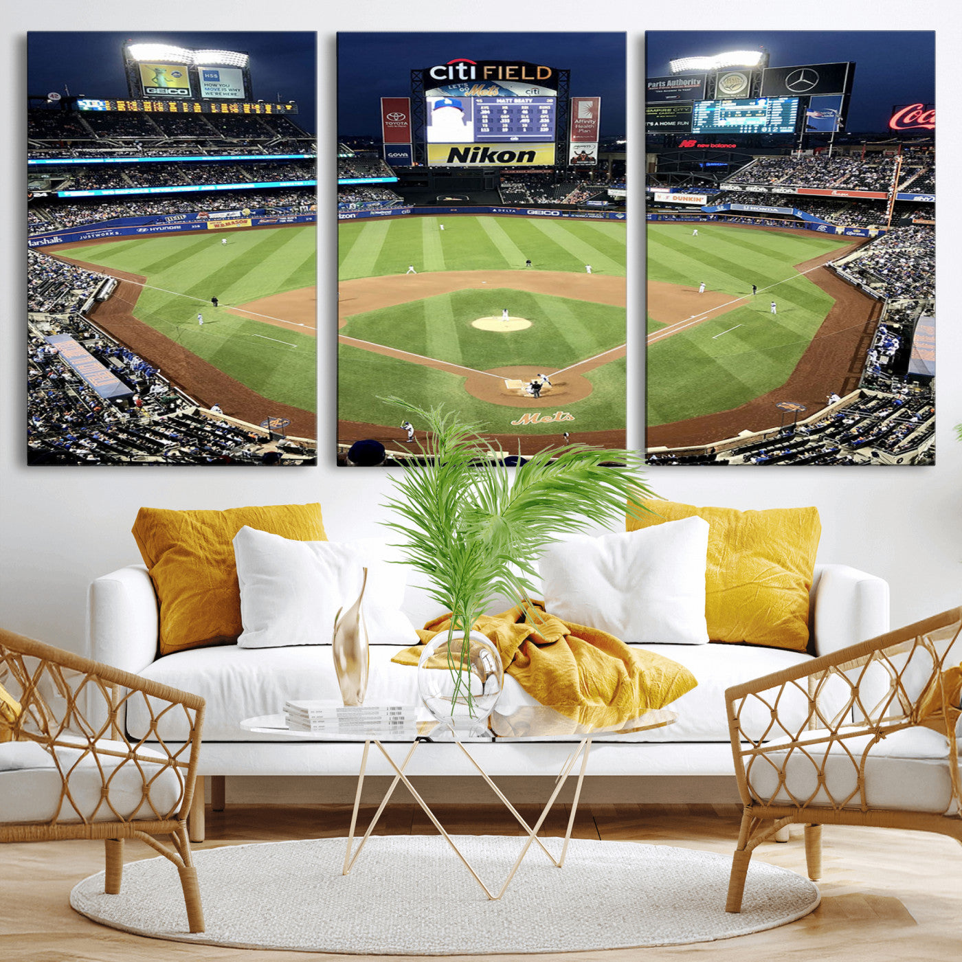 MGV-CV-60X30-3P - Citi Field Wall Art Print | 3-Panel New York Mets Baseball Stadium Canvas Print | Framed Sports Decor for Living Room, Man Cave, or Office Decor