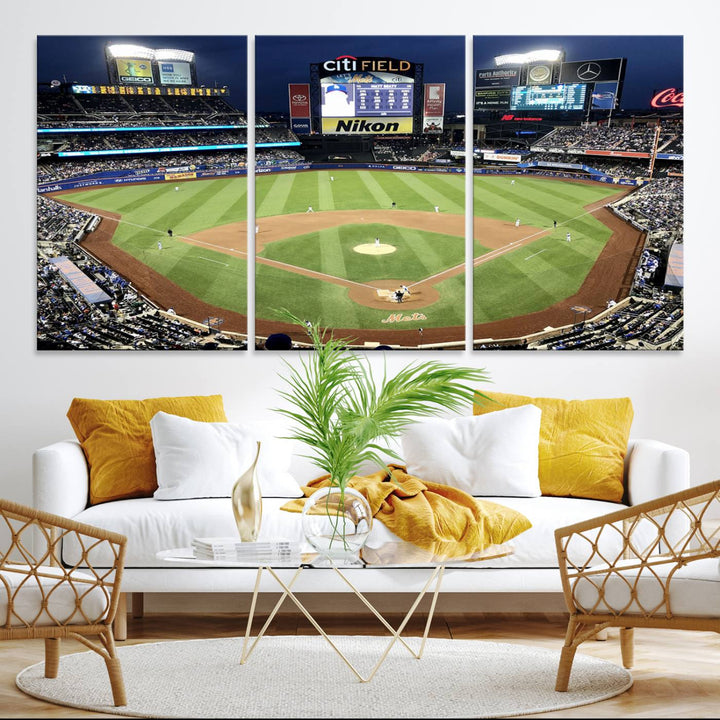 The wall is adorned with a 3-panel Citi Field Wall Art Print, framed for sports-themed decor.