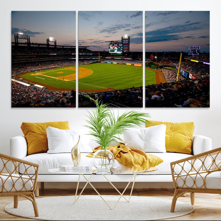 A wall art piece depicting the Philadelphia Phillies Citizens Bank Park Stadium at dusk.