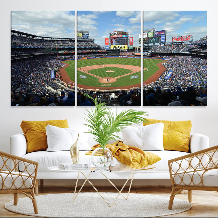 A wall art piece featuring a New York Mets Baseball Team print of Citi Field during a thrilling game under a blue sky.