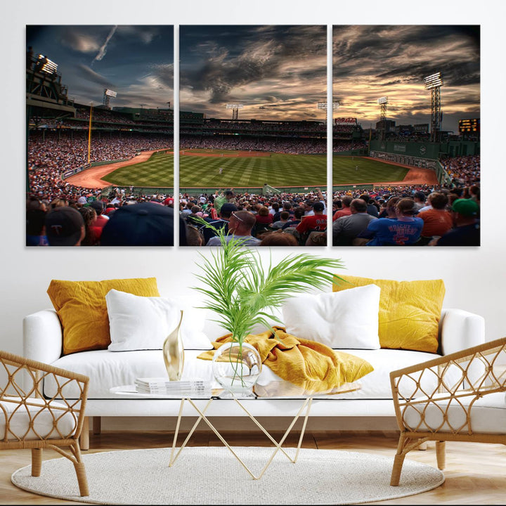 Boston Red Sox canvas print of Fenway Park at sunset, ideal for sports fans.