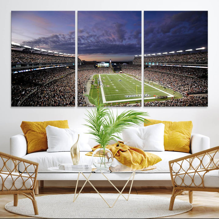 A large New England Patriots Foxborough Gillette Stadium wall art canvas print at sunset.