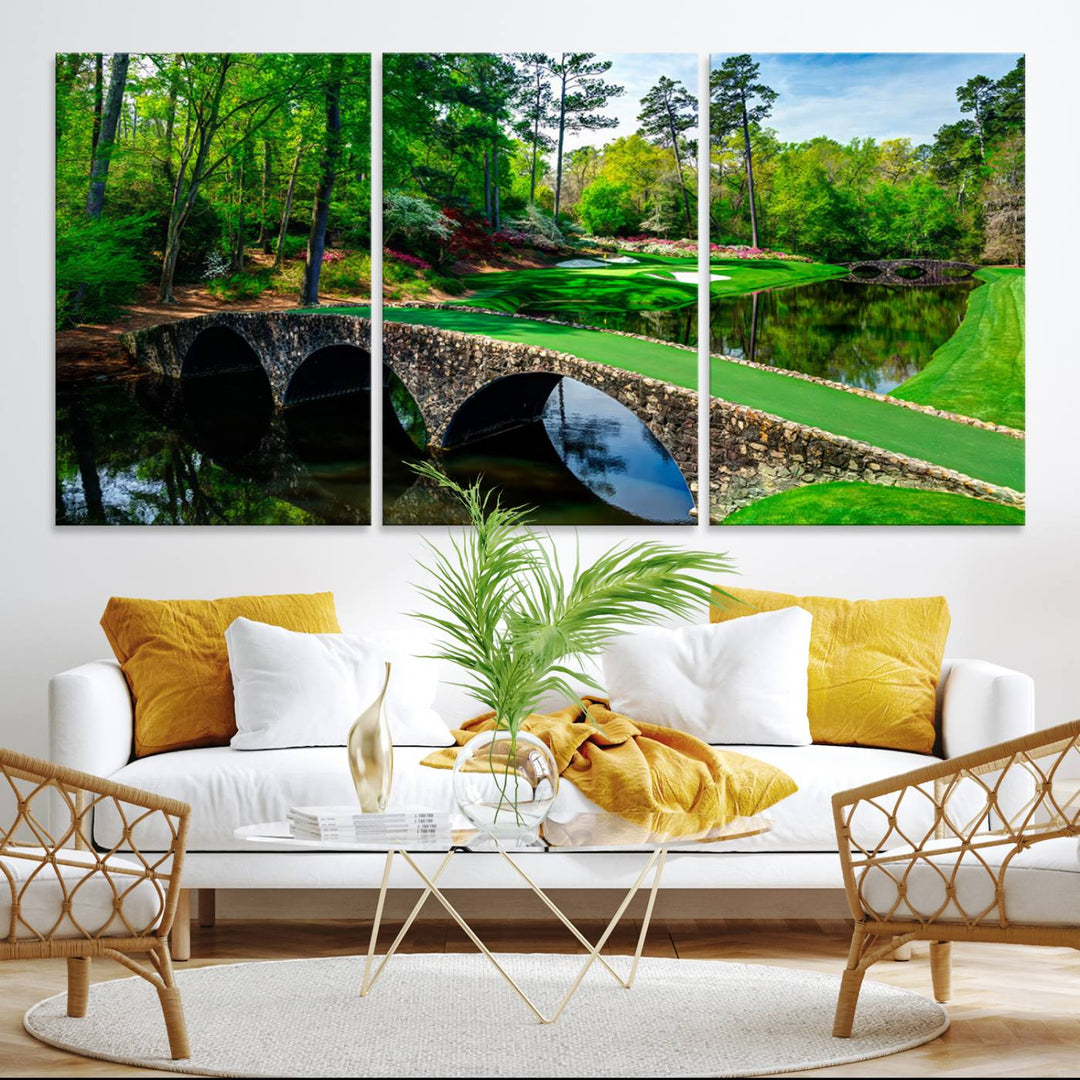 The wall art from Augusta National Golf Club showcases a panoramic bridge set against rich, lush greenery on a framed triptych canvas.