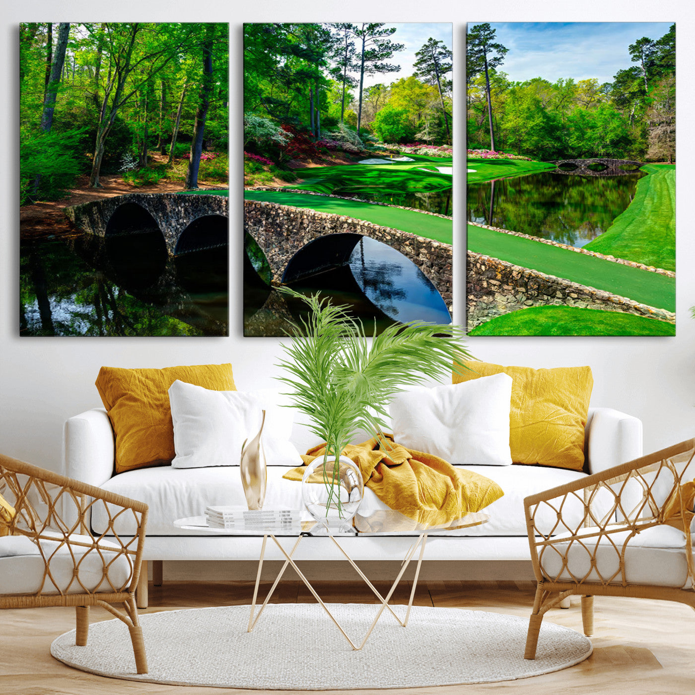 MGV-CV-60X30-3P - Augusta National Golf Club Wall Art - Panoramic Bridge & Lush Greenery – Premium Framed, Ready-to-Hang Triptych Canvas