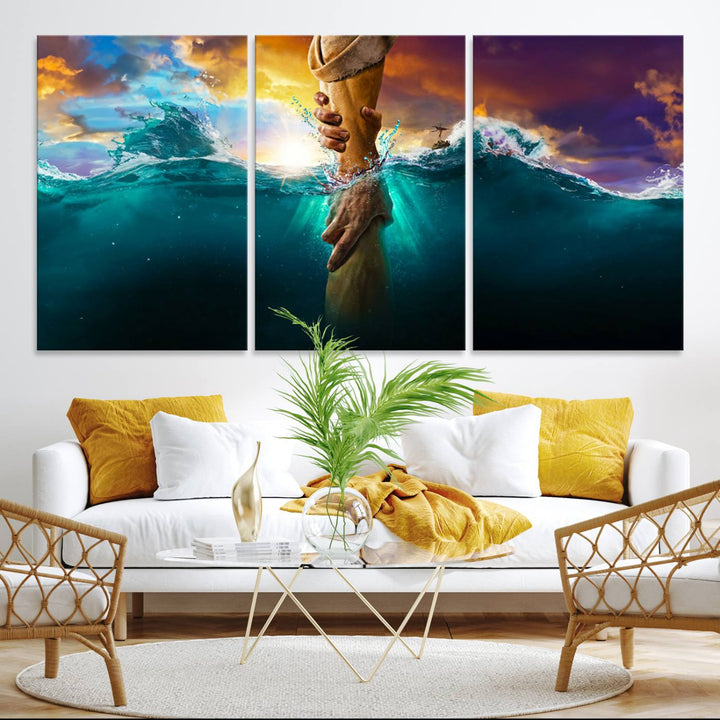 The God Hand Wall Art Canvas Print depicts hands reaching through water against a vibrant sky.