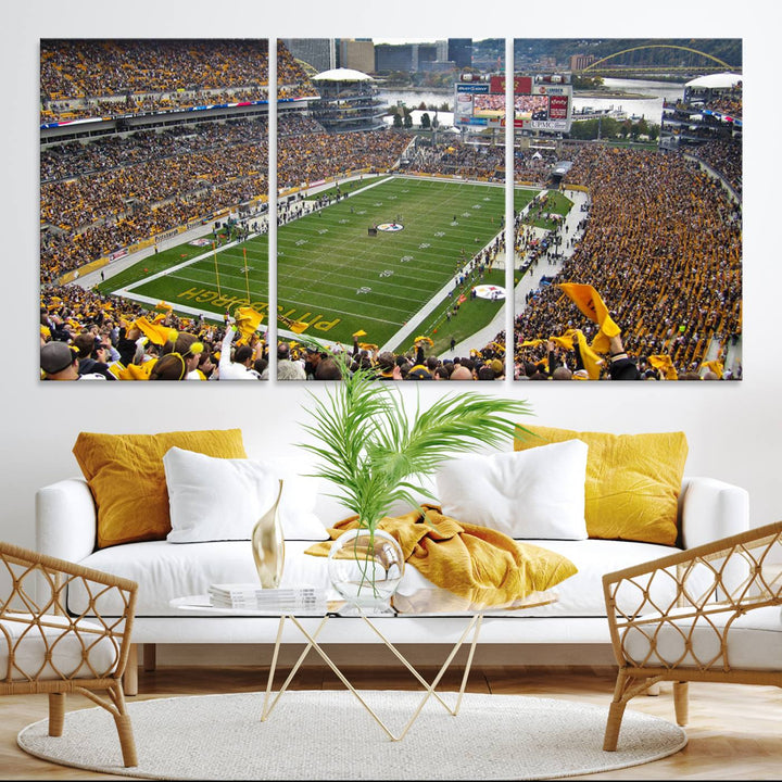 Heinz Field wall art and a cityscape serve as the backdrop.