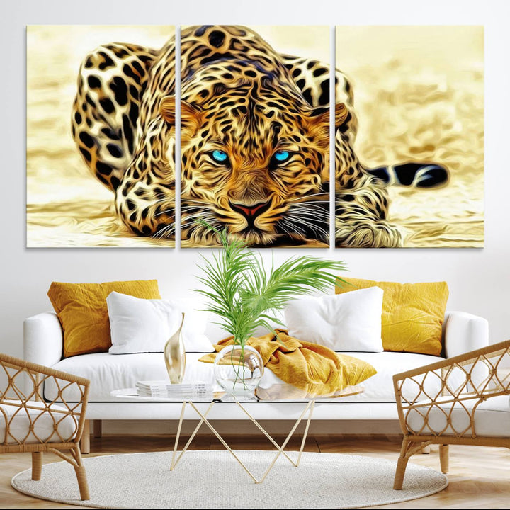 The Blue-Eyed Leopard Canvas Wall Art features a fierce and captivating design, perfect for wildlife enthusiasts. Its bold imagery makes it a striking decor piece, ready to hang.