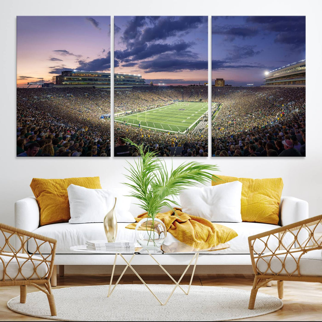 As the sun sets, a stunning backdrop highlights the Notre Dame Fighting Irish Football Team Print.