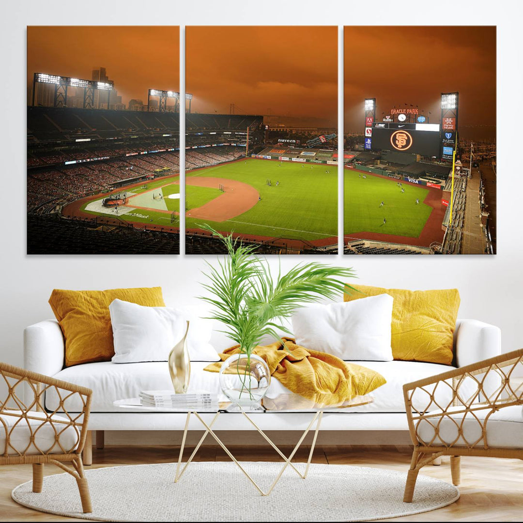 A canvas depicting an Oracle Park game with an orange sky, from SF Giants Stadium Wall Art.