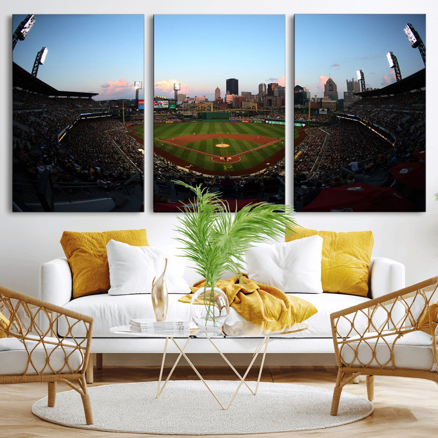 MGV-CV-60X30-3P - PNC Park Evening Game Triple Canvas Wall Art - Pittsburgh Pirates MLB Match - PNC Park Stadium Wall Art Canvas Print