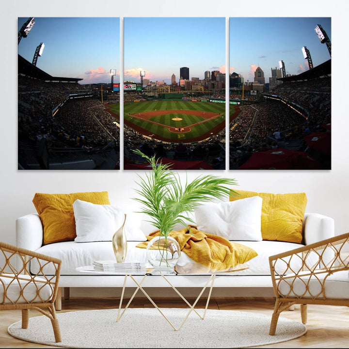 The PNC Park Evening Game Canvas, featuring a skyline backdrop, is displayed on the wall.