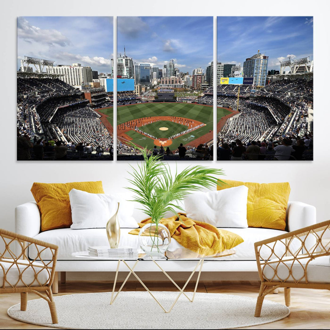 The San Diego Padres Baseball Canvas Print of Petco Park enhances the modern kitchen-dining area.