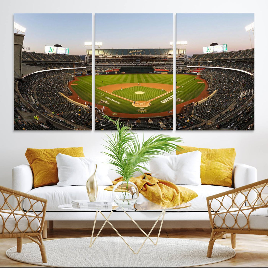 Oakland Athletics wall art canvas featuring the interior of RingCentral Coliseum Stadium.