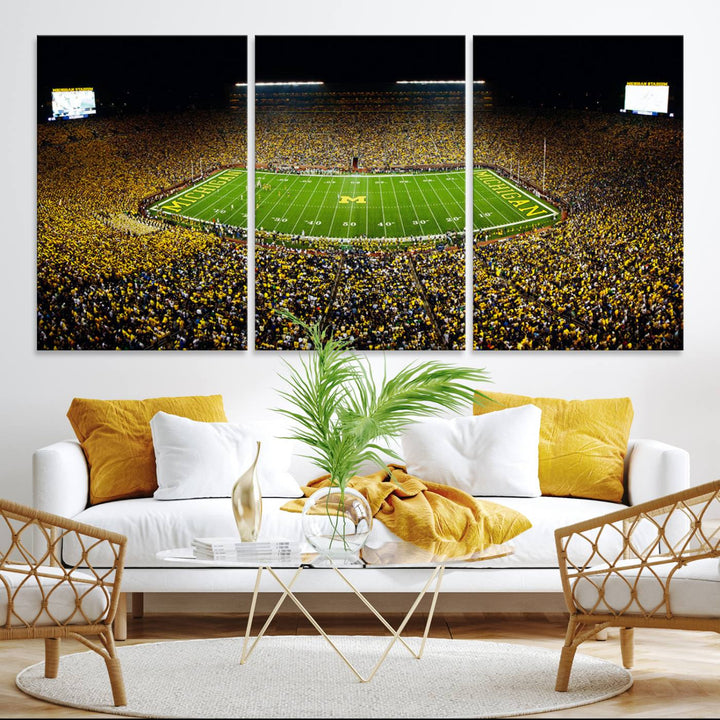 Aerial view of Michigan Stadium night game, ideal for Michigan Wolverines Football Team displayed on a triple canvas wall art.