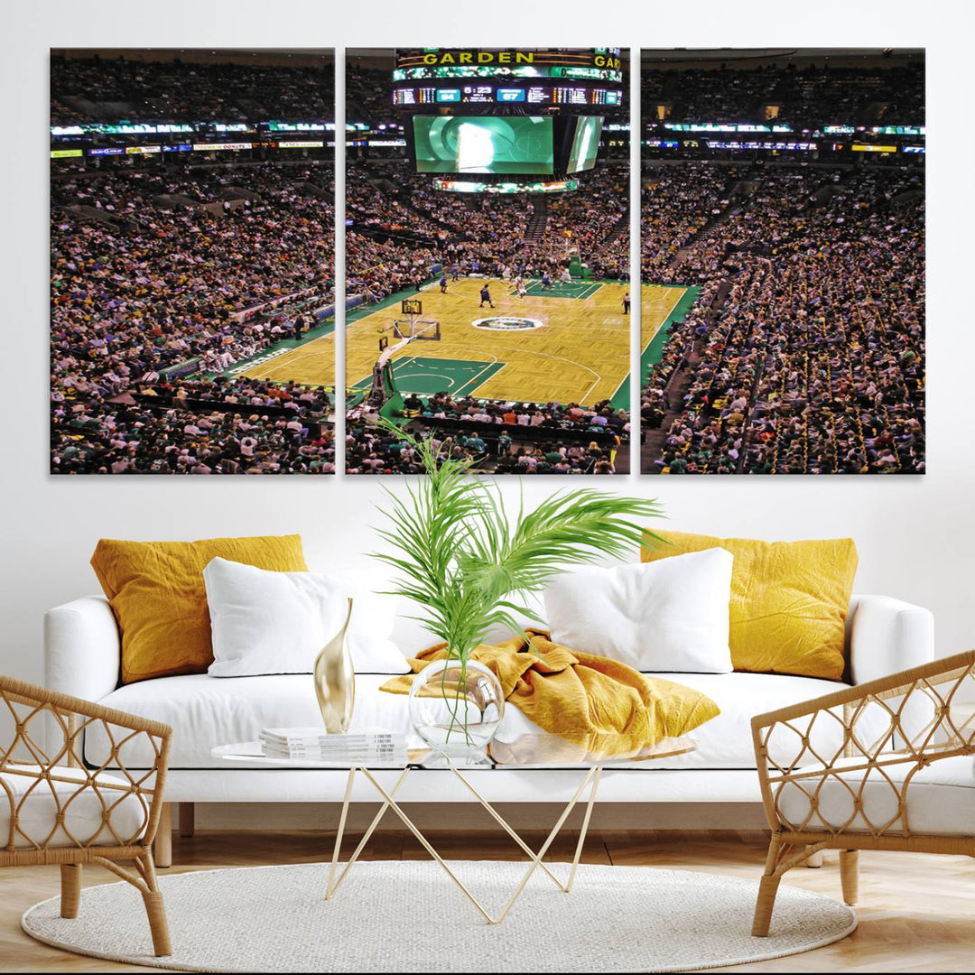 A vibrant depiction of a TD Garden basketball game is beautifully captured in the Boston Celtics Triple Canvas Wall Art, which comes framed and ready to hang.