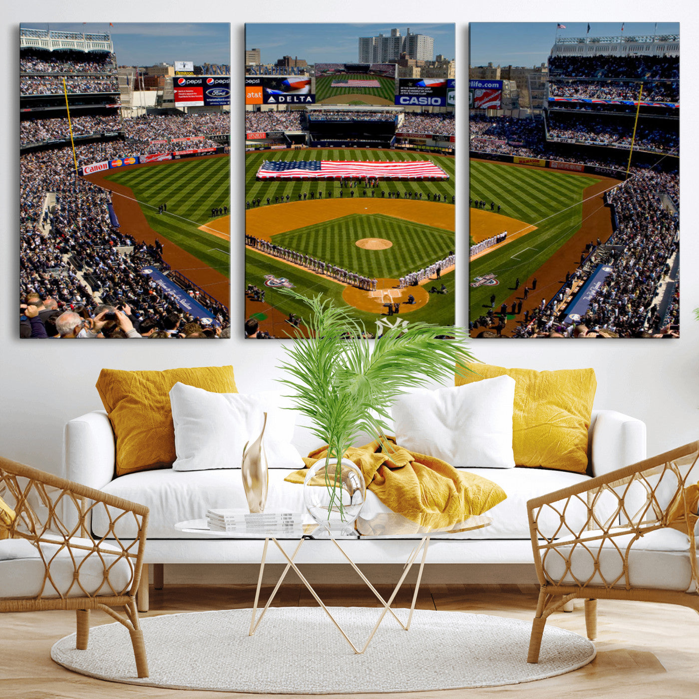 MGV-CV-60X30-3P - Yankee Stadium New York Wall Art Print | 3-Panel Canvas Print of Yankees Baseball Stadium | Large Framed Wall Decor for Baseball Fans | Ready-to-Hang