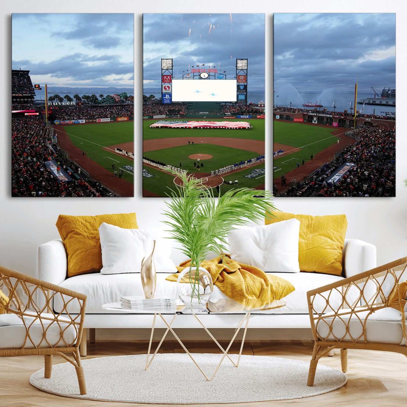 MGV-CV-60X30-3P - Oracle Park San Francisco Giants Wall Art | 3-Panel Canvas Print of Oracle Park Stadium | Large Framed Baseball Wall Decor | Ready-to-Hang MLB Canvas Print