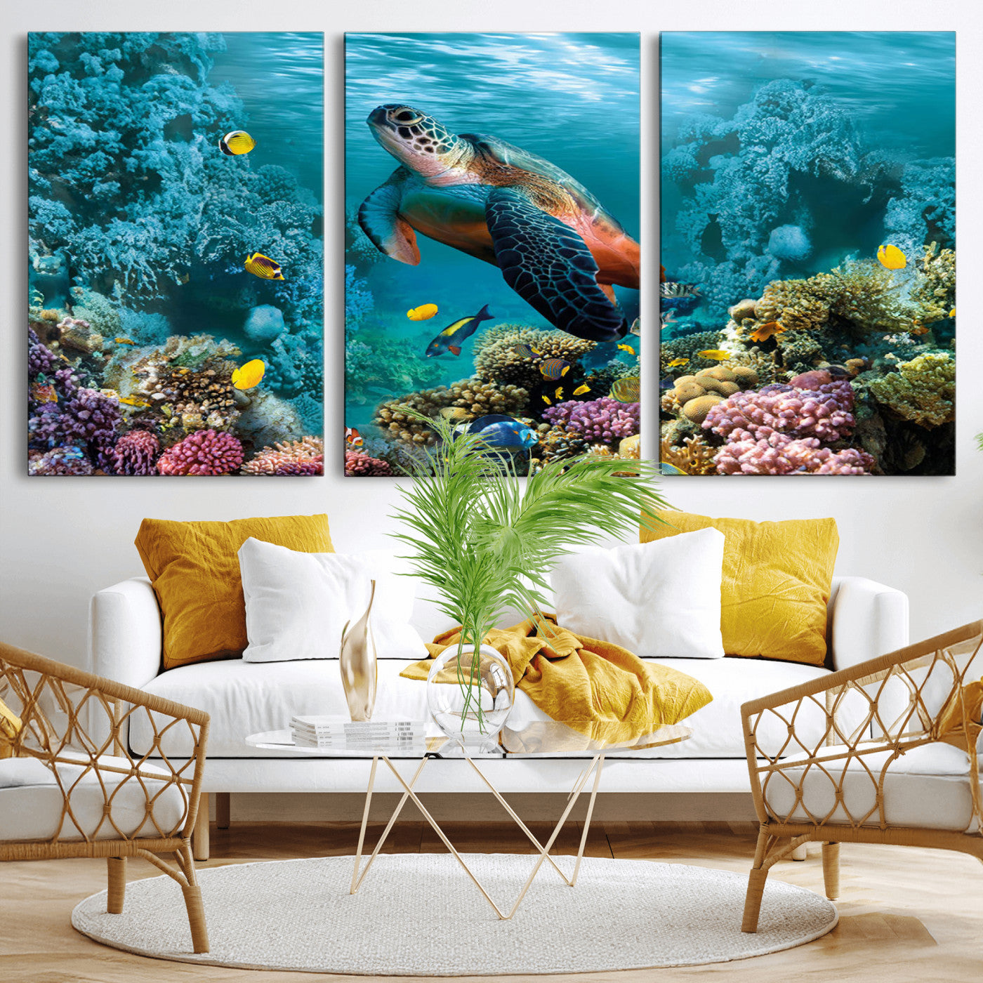 MGV-CV-60X30-3P - Sea Turtle and Coral Reef Triptych Wall Art – Vibrant Underwater Scene Canvas Set for Ocean Lovers and Coastal Decor – Ready to Hang 3-Panel Artwork