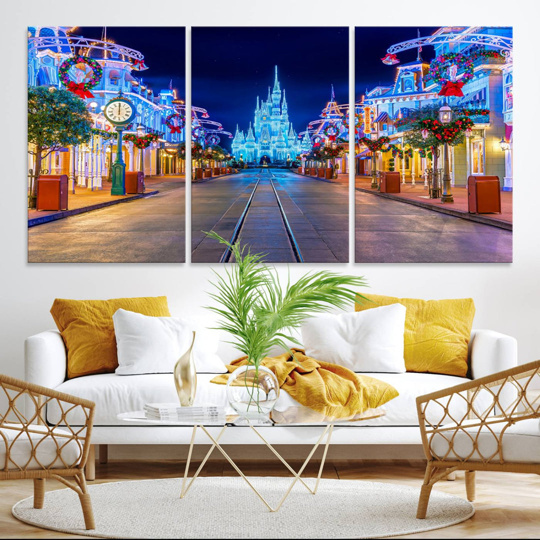 Disney wall art featuring a fantasy castle street at night.