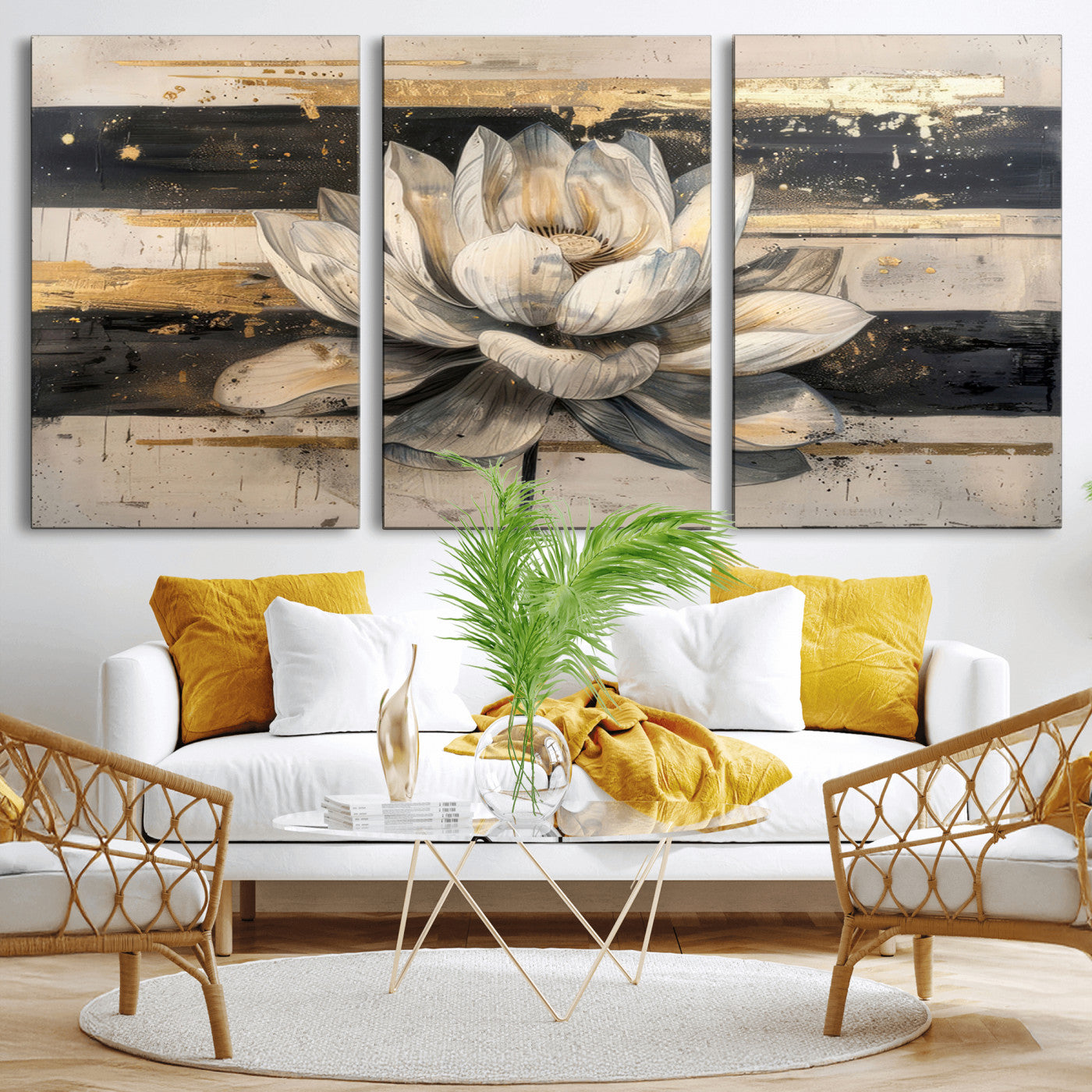 MGV-CV-60X30-3P - Lotus Flower Wall Art Canvas Print, Framed Abstract Lotus Art Picture Print, White Lotus Flower Perfect Abstract Floral Decor Artwork
