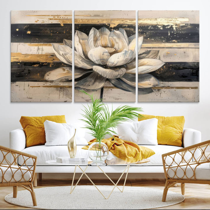 The wall is adorned with an Abstract Lotus Flower Wall Art Canvas Print.