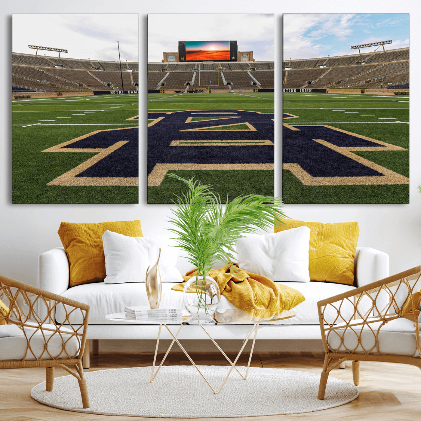 MGV-CV-60X30-3P - Notre Dame Stadium Giclee Canvas Print | Triptych Wall Art Featuring Iconic Notre Dame Football Field | Ready-to-Hang Sports Stadium Decor