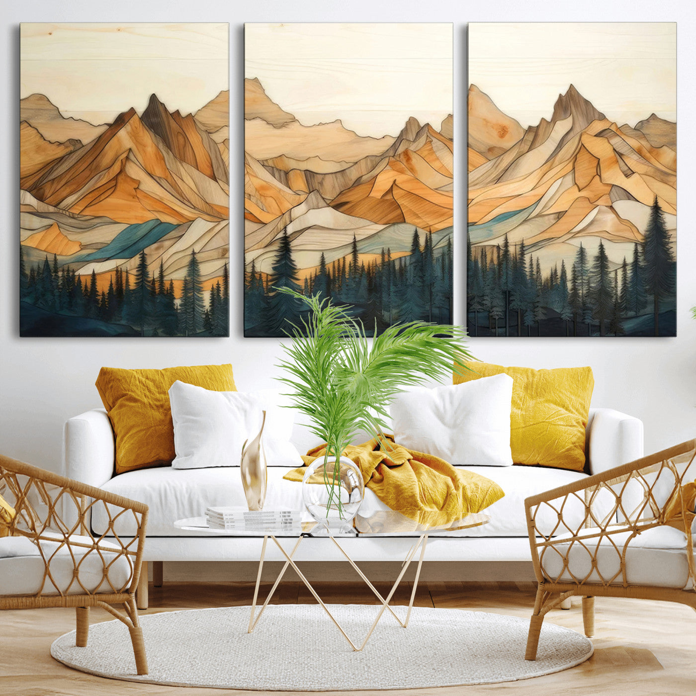 -Rustic Wood Mountain Wall Art Print | Triptych Giclee Print Featuring Handcrafted Forest and