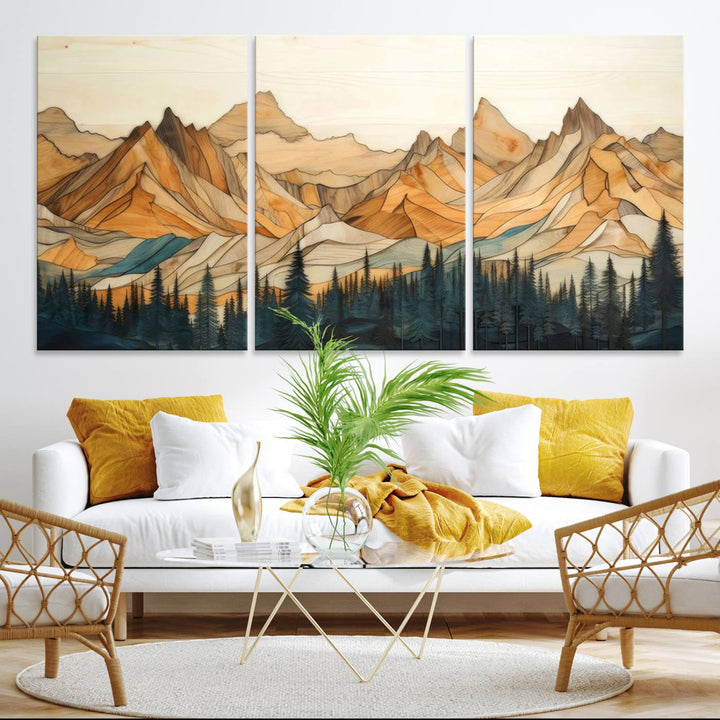 A triptych giclee print of mountains decorates the wall above the counter.