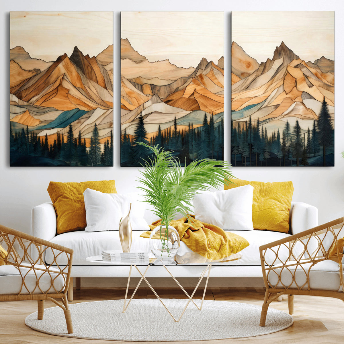 31576-PAN-FL-20X10 - Rustic Wood Mountain Wall Art Print | Triptych Giclee Print Featuring Handcrafted Forest and