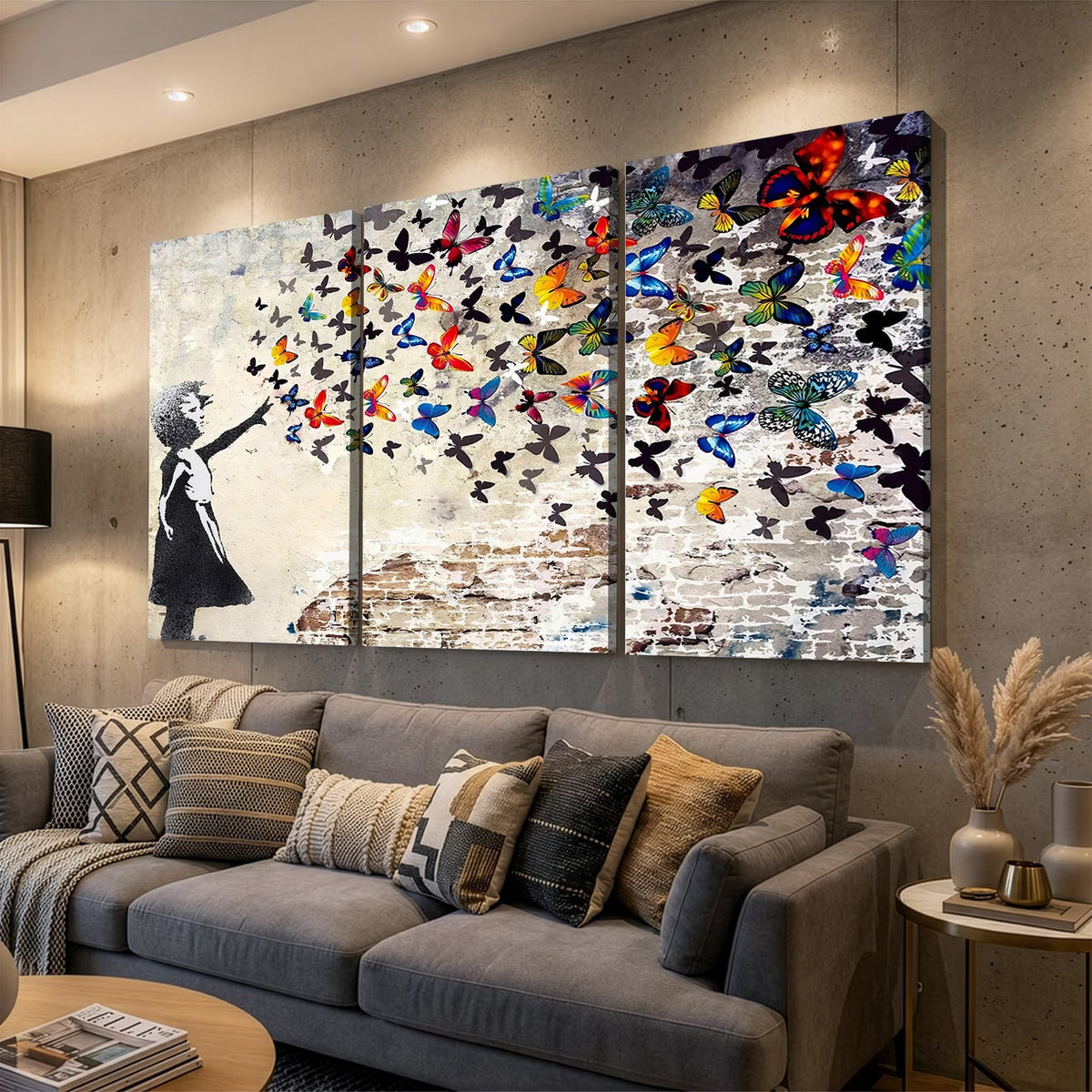97895-MGV-CV-24X16 - Banksy Graffiti Wall Art Canvas Print, Girl Releasing Vibrant Butterflies