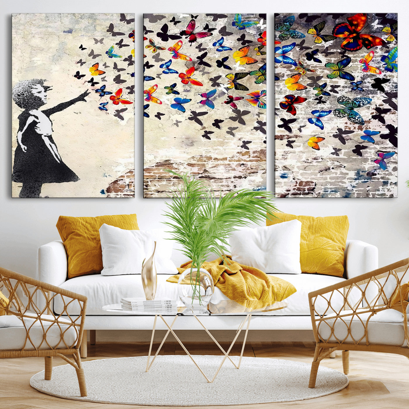 MGV-CV-60X30-3P - Banksy Graffiti Wall Art Canvas Print: Girl Releasing Vibrant Butterflies – Ready to Hang