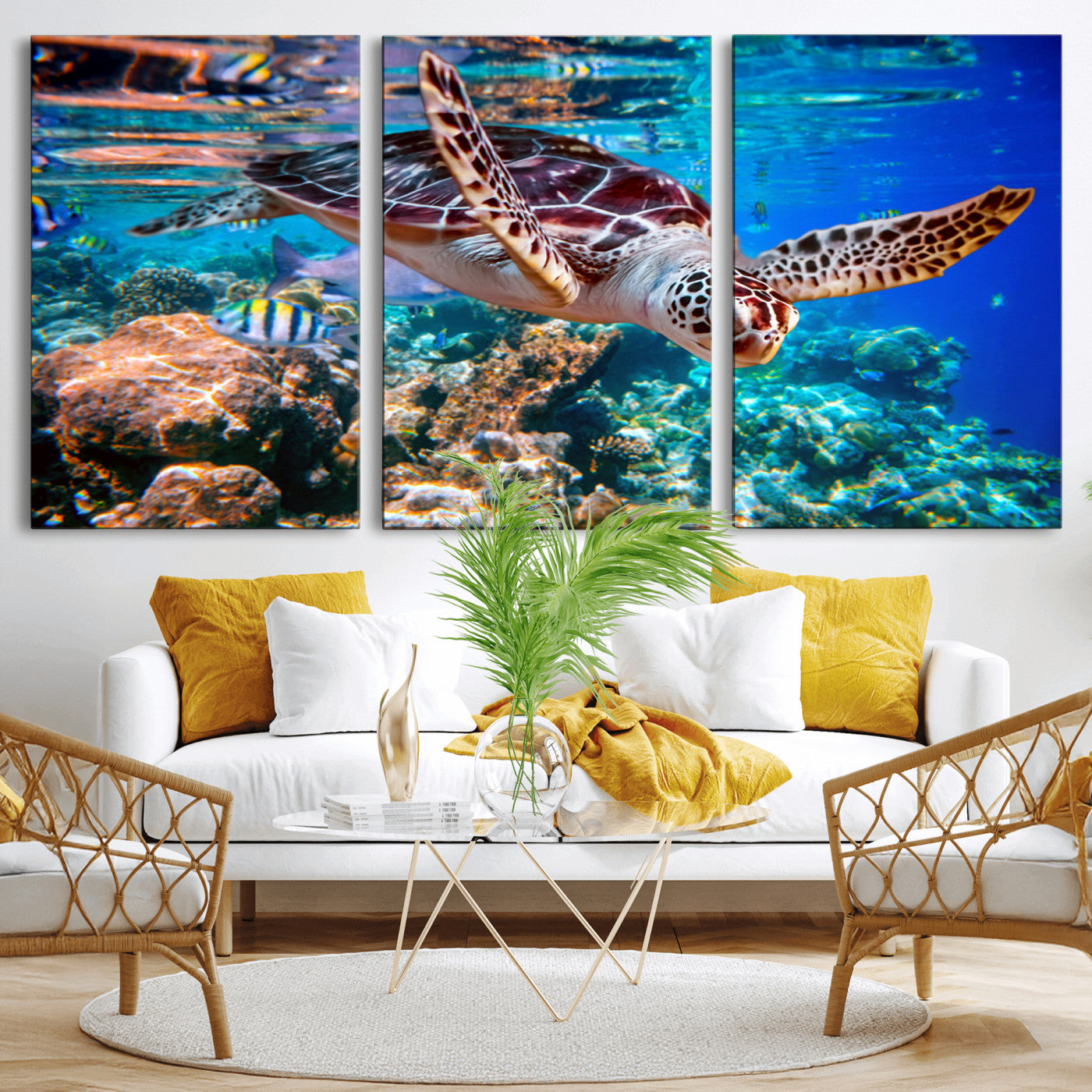 MGV-CV-60X30-3P - Underwater Coral Reef Sea Turtle Wall Art Canvas Print, Vibrant Marine Life | Colorful Ocean Scene