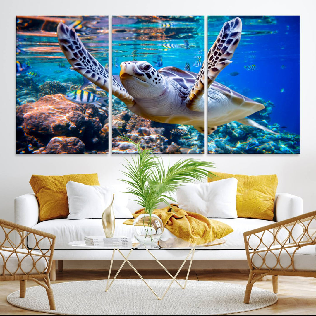 The Underwater Sea Turtle Wall Art Canvas Print serves as vibrant ocean décor, enhancing the kitchen with its stunning depiction.