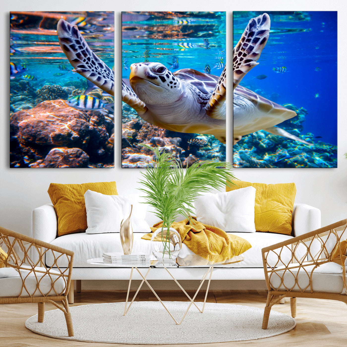 MGV-CV-60X30-3P - Underwater Sea Turtle Wall Art Canvas Print – Vibrant Ocean Coral Reef Décor, Ready to Hang