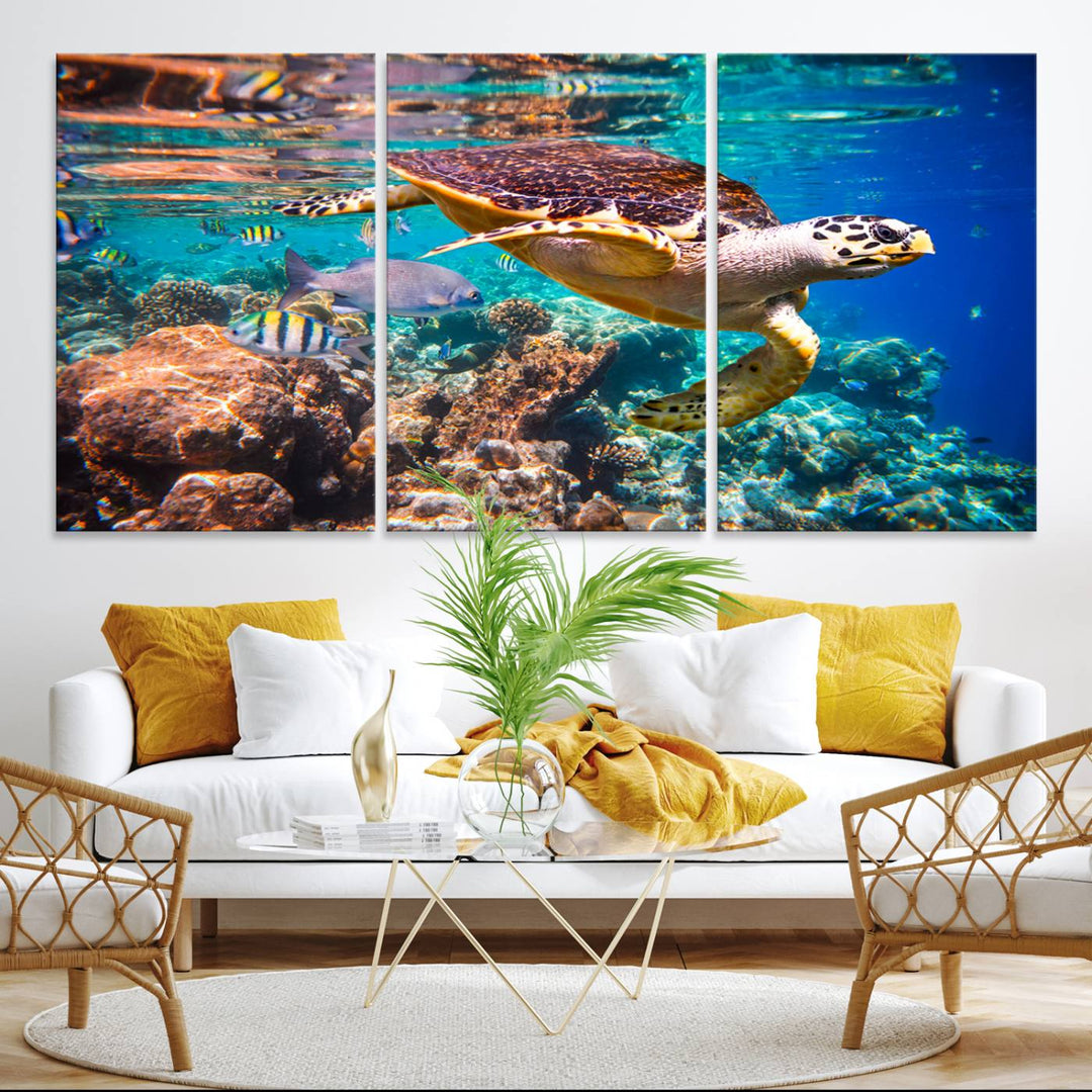 A Sea Turtle Wall Art Canvas Print features a colorful turtle swimming among coral. This artwork is ready to hang.