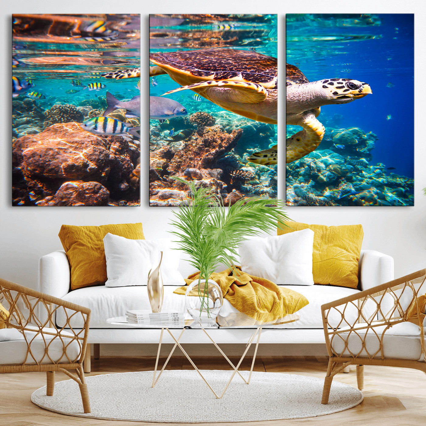 MGV-CV-60X30-3P - Sea Turtle Wall Art Canvas Print – Vibrant Ocean Coral Reef Décor, Ready to Hang