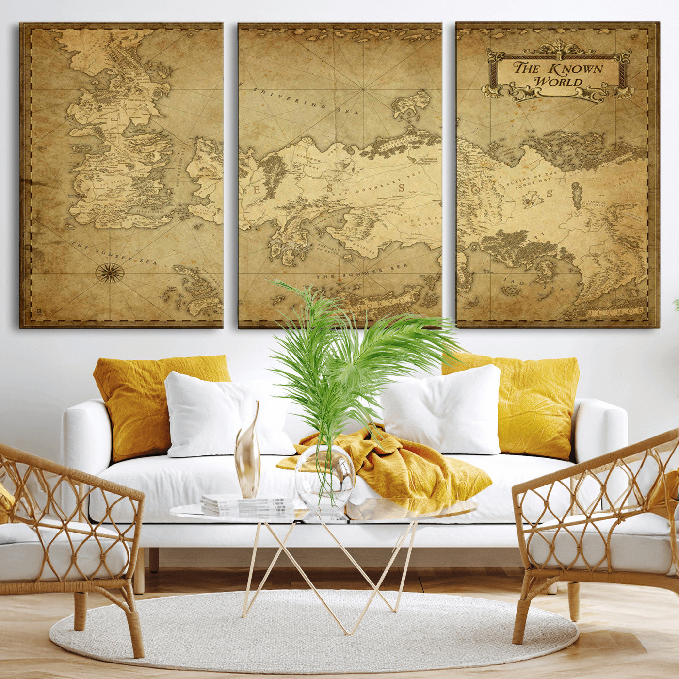 MGV-CV-60X30-3P - Vintage Game of Thrones Map Wall Art | Westeros and Essos Antique Style Print | The Known World in Triptych Canvas | Giclee Canvas for Fantasy Lovers
